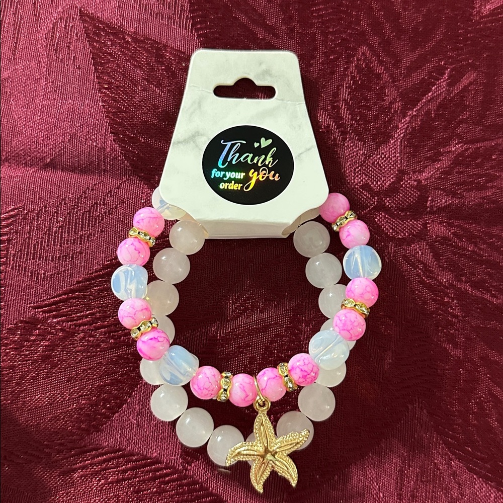 Pink and White Beaded Bracelet with Starfish Charm - Picture 3 of 4